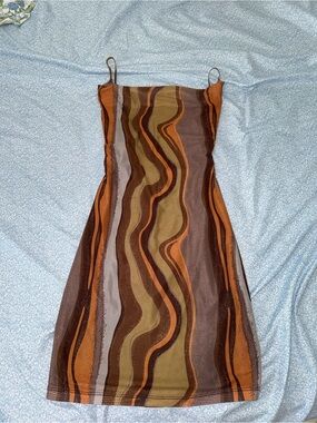 Motel Rocks Brown, Orange & Olive Wave-Print Slip Dress